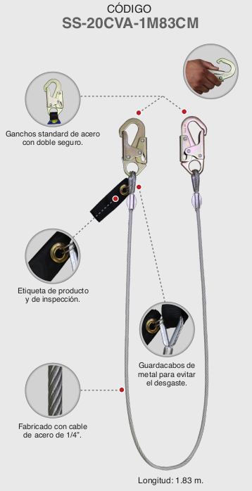 CABLE DE POSICIONAMIENTO DE ACERO 1.83 M X 1/4&quot;