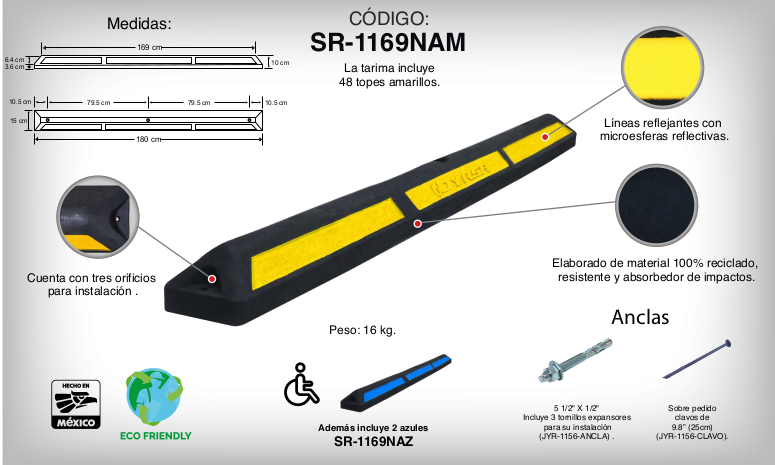 TOPE PARA ESTACIONAMIENTO 180 CMS CON 3 ANCLAS